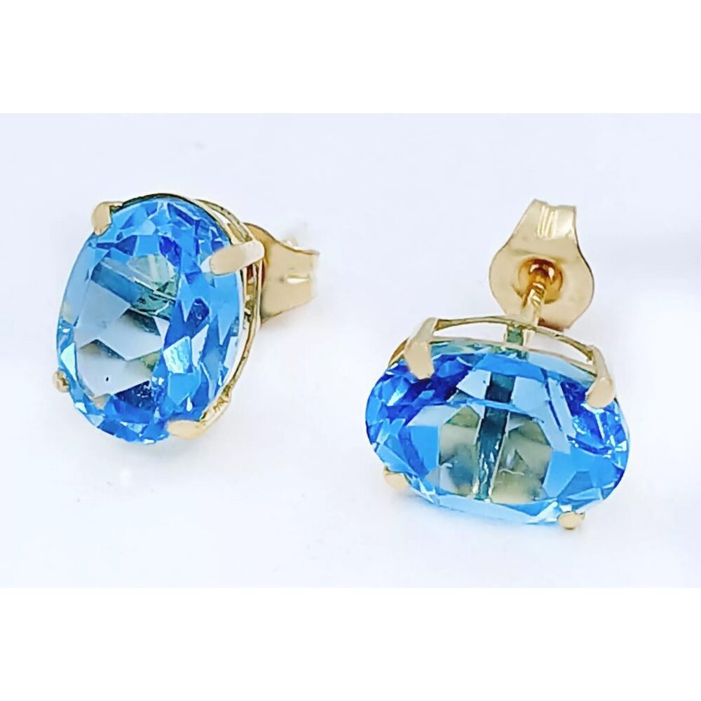 Genuine 3.68 Cts Blue Topaz Stud Earrings 14k Gold